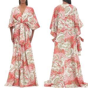 Andrea Iyamah Gamba Abstract Mushroom Red and Green Kimono Robe Maxi Dress
